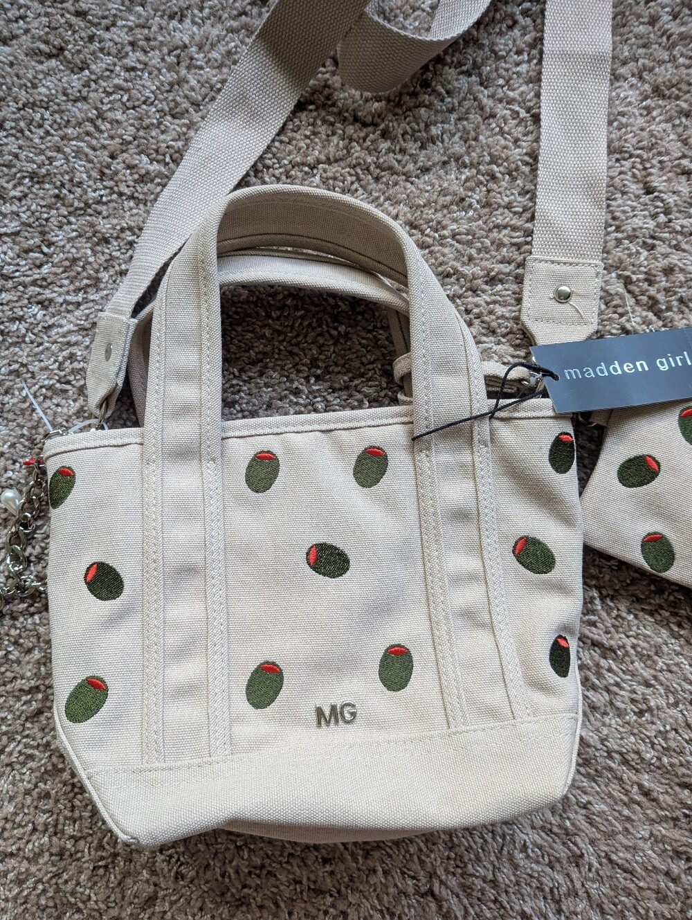 Madden Girl Olive Embroidered Mini Canvas Tote Bag Dual Crossbody And Clutch NWT - Picture 2 of 11
